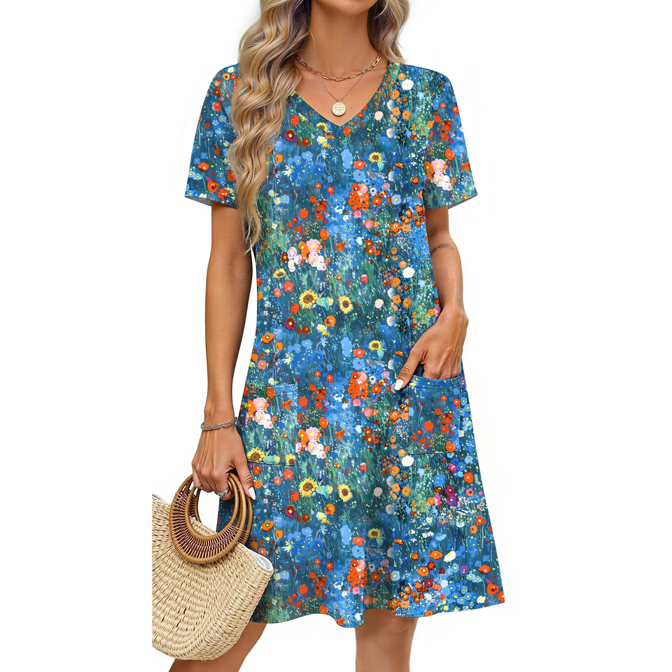 Fantaslook Summer Dresses for Women V Neck Short Sleeve Casual T Shirt Dress Beach Sundresses with Pockets
