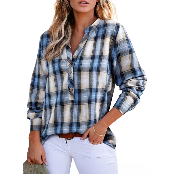 Fantaslook Womens Plaid Shirts Flannel Button Down Shirts Business Casual Long Sleeve Tops Dressy V Neck Blouses