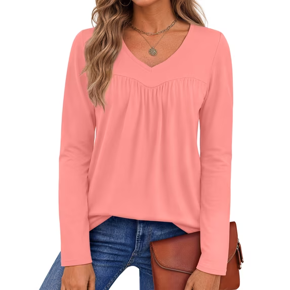 Fantaslook Womens Tops Dressy Casual Pleated Blouses V Neck Long Sleeve Shirts Fall Tunic Tops