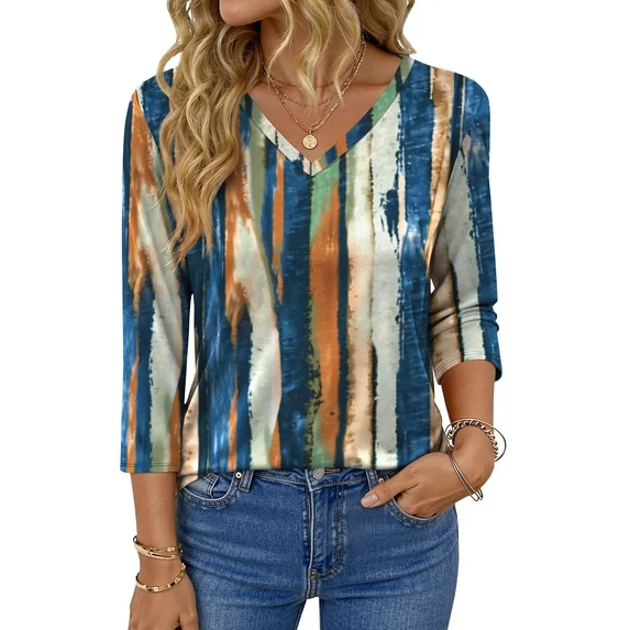 Fantaslook V Neck T Shirts for Women 3/4 Sleeve Tunic Tops Dressy Casual Blouses Boho Basics Tee Summer Fall Clothes