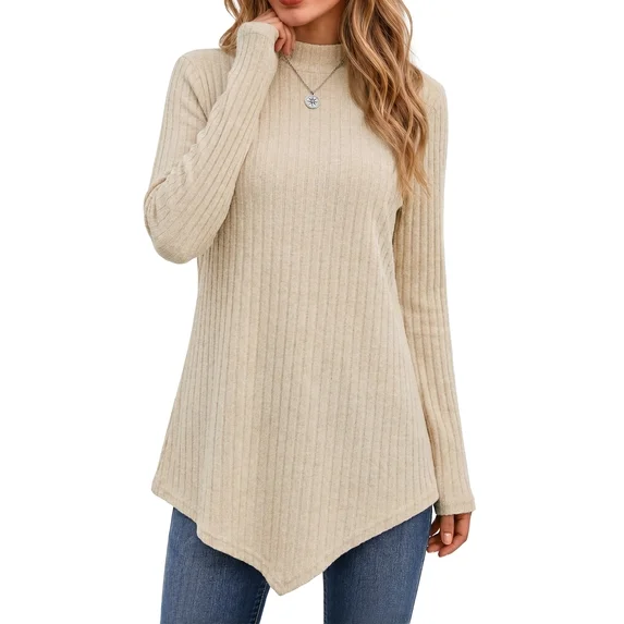 Fantaslook Mock Turtleneck Sweaters for Women Dressy Long Sleeve Pullover Fall Tunic Tops Asymmetrical Hem Soft Sweaters