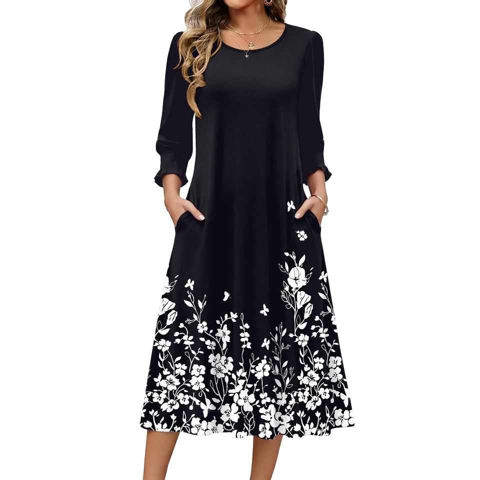 Fantaslook Fall Dresses for Women Smocked 3/4 Sleeve Dress Floral Midi Casual Dresses with Pockets