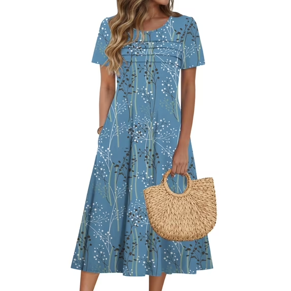 Fantaslook Pleated Summer Dresses for Women Short Sleeve A Line Midi Dress Flowy Floral Sundress Casual Dress with Pockets