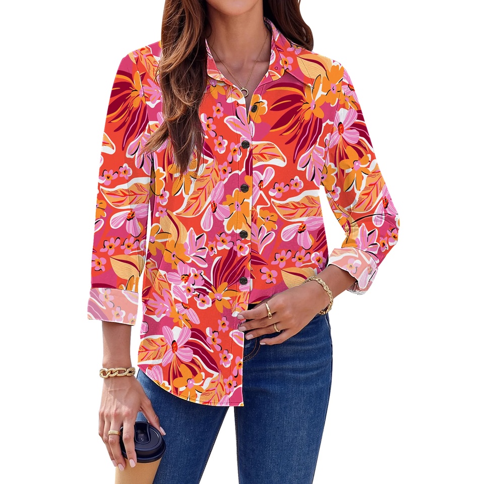 Fantaslook Womens Button Down Shirts Boho Floral Printed Long Sleeve Blouses Business Work Shirt Dressy Casual Loose Tops