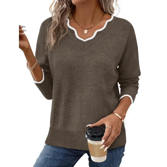 Fantaslook Color Block Sweaters for Women V Neck Pullover Lightweight Sweaters Long Sleeve Tops Fall Fashion Clothes