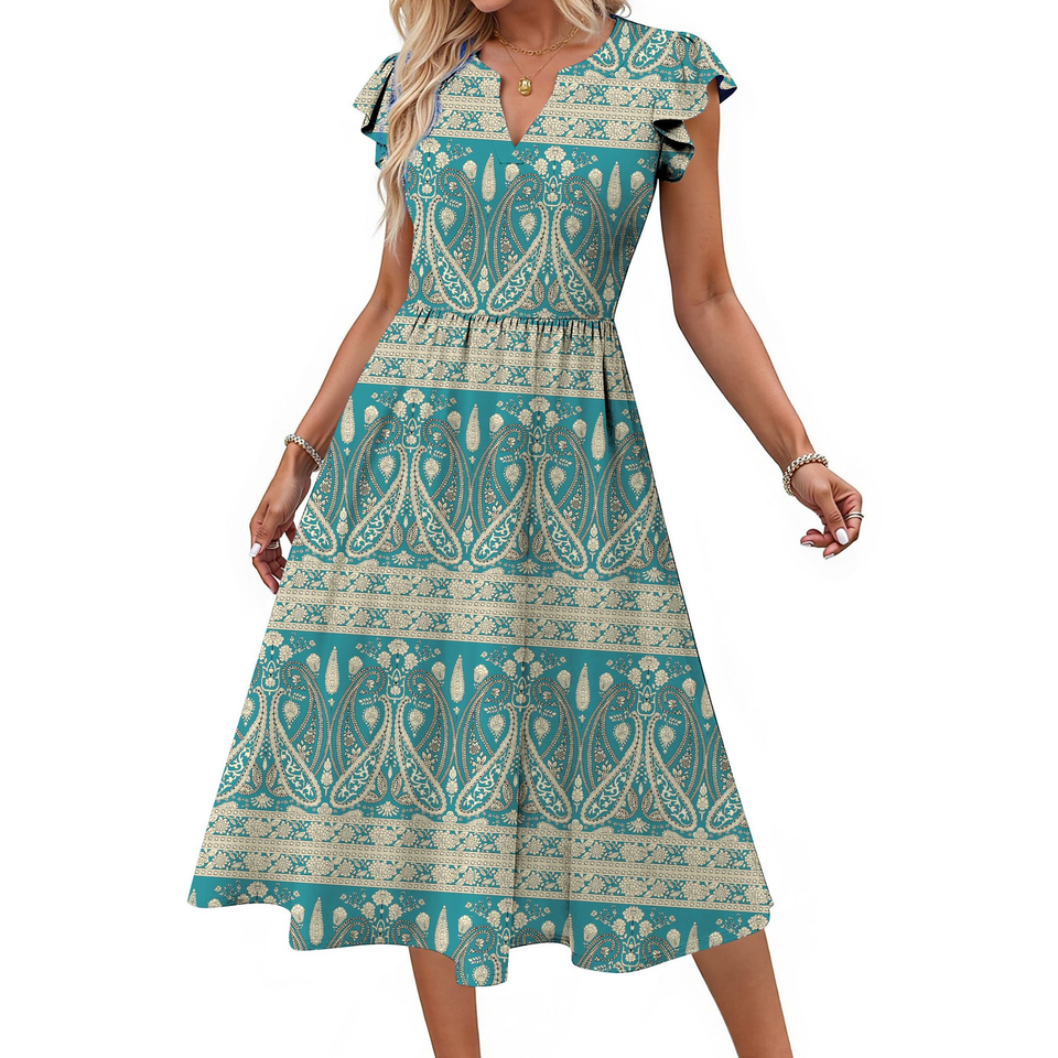 Fantaslook Summer Dresses for Women Ruffle Sleeve V Neck Midi Dresses Fashion Casual Flowy Vacation Sundress