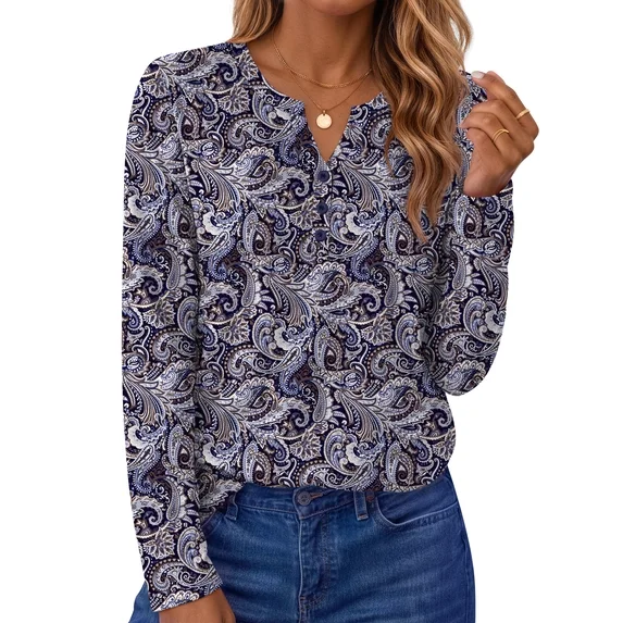 Fantaslook Henley Long Sleeve Shirts for Women Casual V Neck Fall Tops Dressy Work Blouses