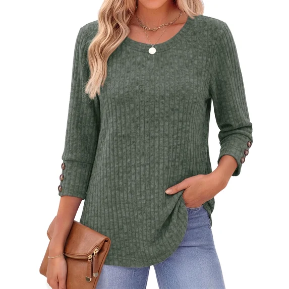 Fantaslook Womens 3/4 Sleeve Shirts with Buttons Dressy Casual Blouses Tunic Tops Fall Clothes
