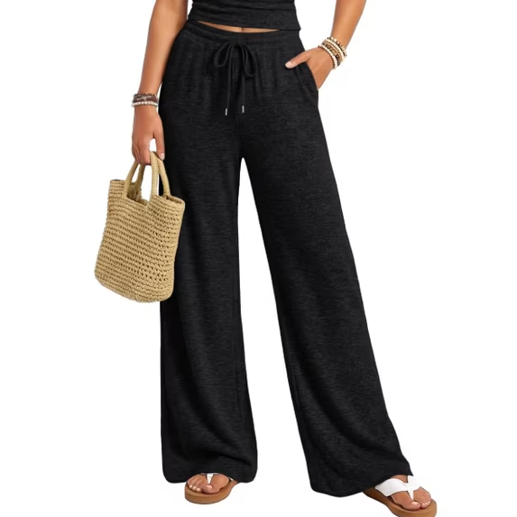 Fantaslook Womens Wide Leg Pants High Waist Drawstring Casual Lounge Pant Soft Stretchy Flowy Palazzo Pants with Pockets for Daily Work Travel