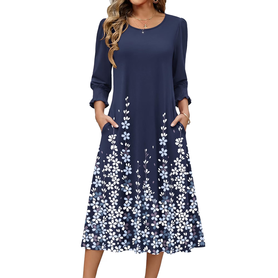Fantaslook Fall Dresses for Women Smocked 3/4 Sleeve Dress Floral Midi Casual Dresses with Pockets