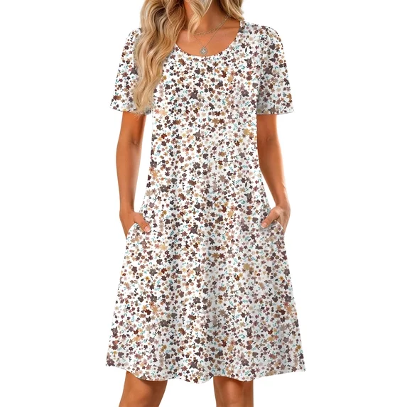 Fantaslook Boho Summer Dresses for Women Casual Short Sleeve T Shirt Dress with Pockets Beach Vacation Clothes