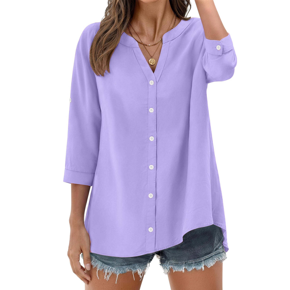 Fantaslook Womens 3/4 Sleeve Button Down Shirts V Neck Roll Up Sleeve Tops Cotton Linen Casual Summer Blouses Shirts