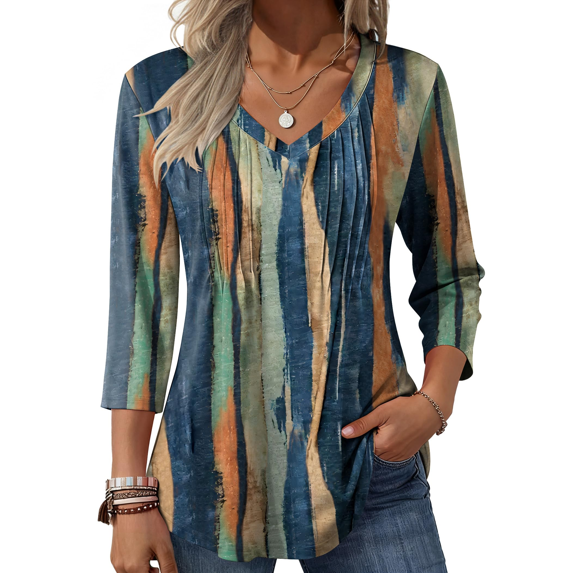 Fantaslook 3/4 Length Sleeve Womens Tops Dressy Casual Boho Blouses V Neck Pleated Tunic Tops Work Shirts