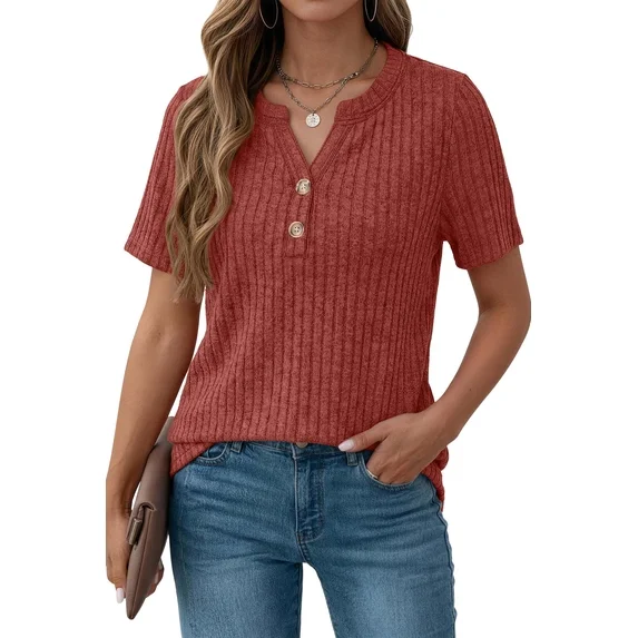 Fantaslook V Neck Tops for Women Short Sleeve Henry Shirts with Button Dressy Casual Summer Blouses Tops
