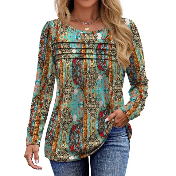 Fantaslook Long Sleeve Shirts for Women Fall Dressy Casual Blouses Fashion Pleated Tunic Tops