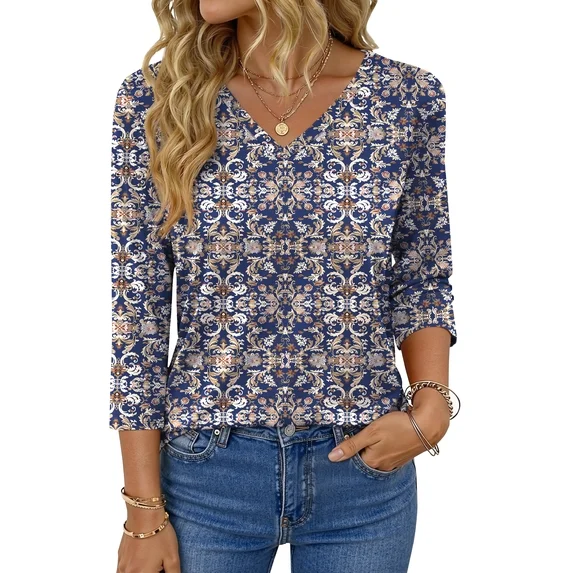 Fantaslook V Neck T Shirts for Women 3/4 Sleeve Tunic Tops Dressy Casual Blouses Boho Basics Tee Summer Fall Clothes