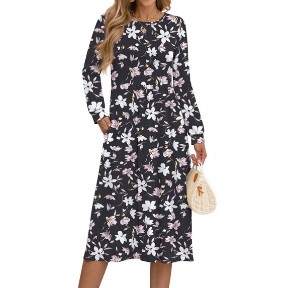 Fantaslook Long Sleeve Midi Dresses for Women Casual Floral Dress Flowy Fall Dresses with Pockets