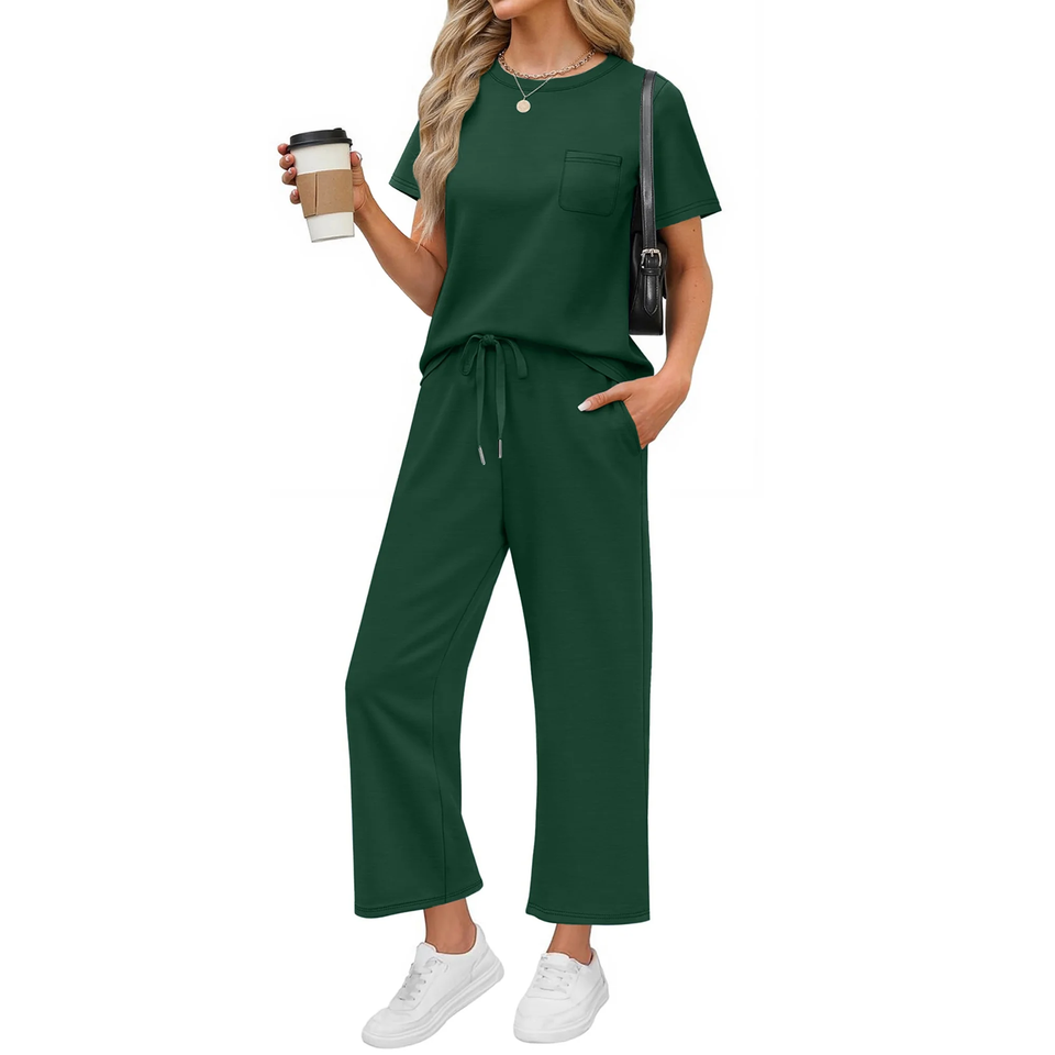 Fantaslook 2 Piece Sets for Women Casual Summer Travel Vacation Outfits Short Sleeve Tops Wide Leg Pants Lounge Sets