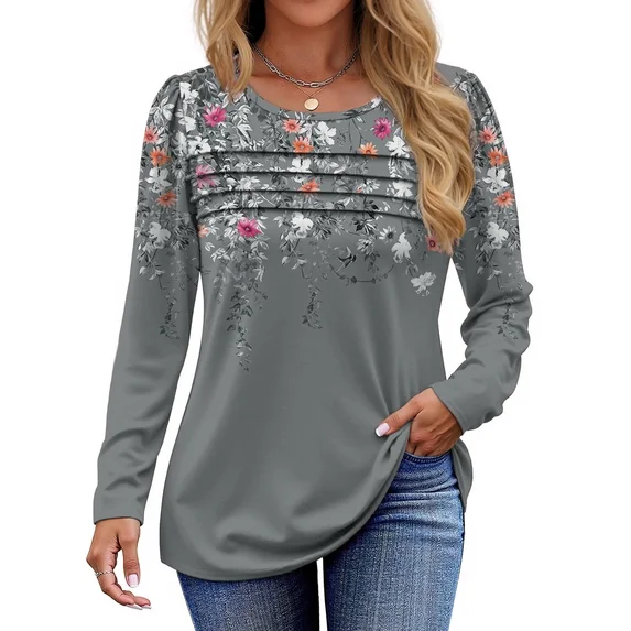 Fantaslook Long Sleeve Shirts for Women Fall Dressy Casual Blouses Fashion Pleated Tunic Tops