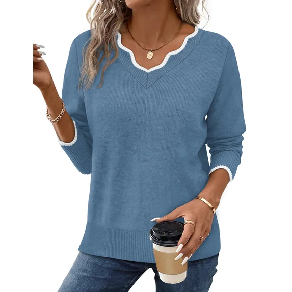Fantaslook Color Block Sweaters for Women V Neck Pullover Lightweight Sweaters Long Sleeve Tops Fall Fashion Clothes