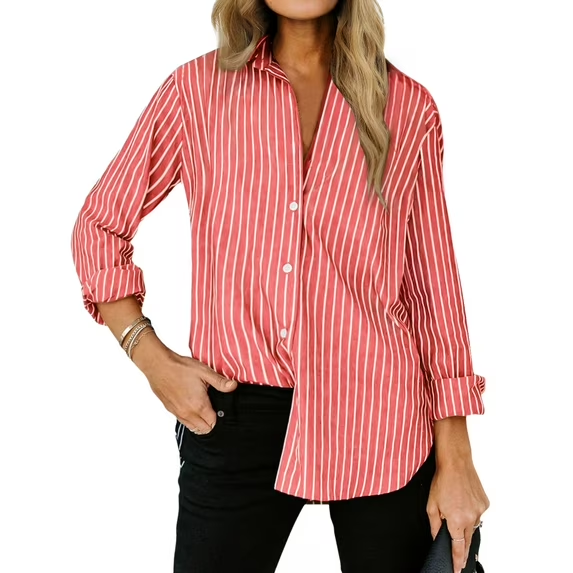 Fantaslook Striped Button Down Shirts for Women Classic Long Sleeve Collared Office Work Blouses Tops