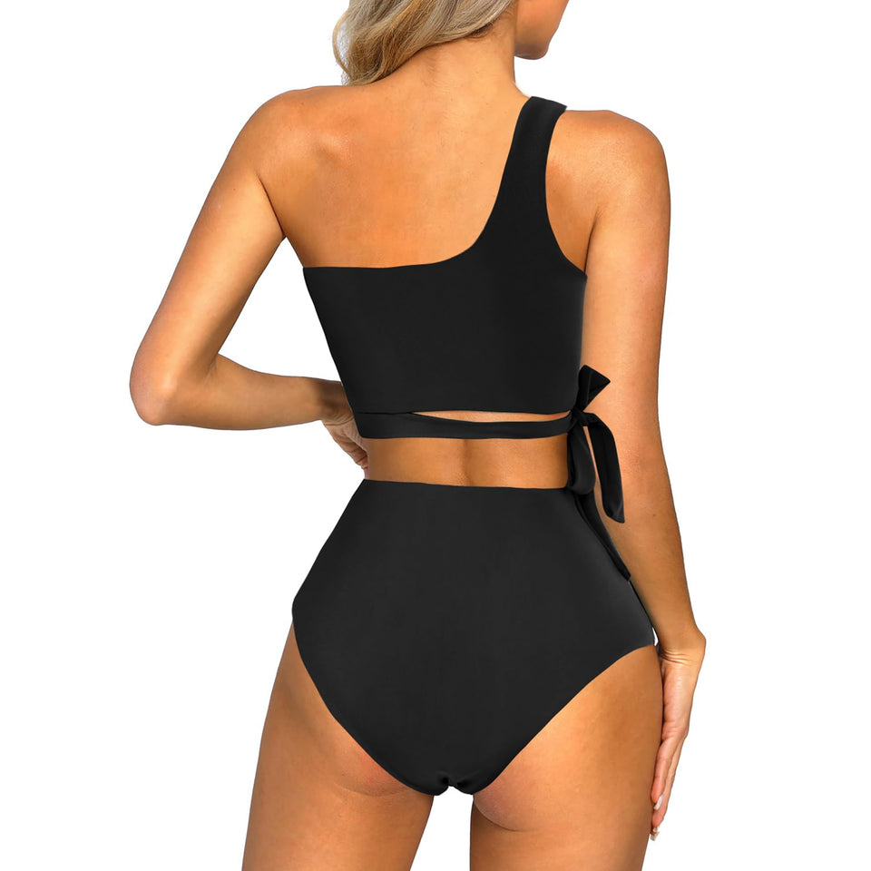 MOSHU One Shoulder Womens Bikini Sets High Waisted Bathing Suits for Women Tie High Cut Swimsuits
