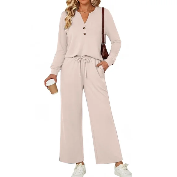Fantaslook Fall Fashion Two Piece Lounge Sets for Women Henley V Neck Vacation Travel Outfit Casual Wide Leg Pants Matching Sets Women Clothing