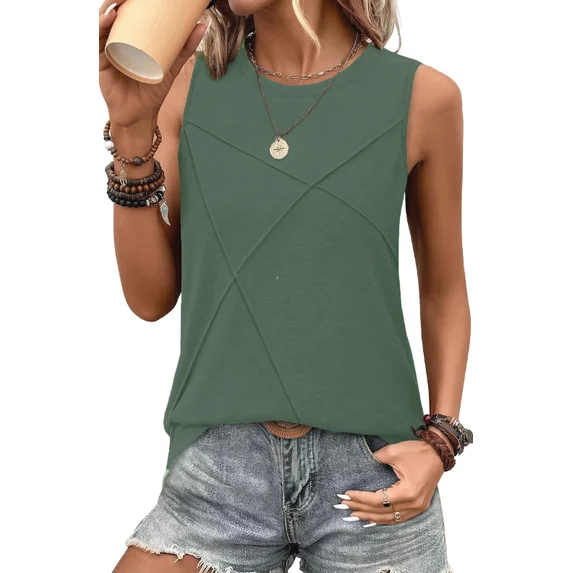 Fantaslook Summer Tank Tops for Women Pleated Crewneck Casual Sleeveless Tops Dressy Shirts