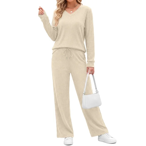 Fantaslook Two Piece Lounge Sets for Women Vacation Travel Fall Outfits V Neck Tops Wide Leg Pants Matching Sets Women Clothing