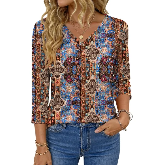 Fantaslook V Neck T Shirts for Women 3/4 Sleeve Tunic Tops Dressy Casual Blouses Boho Basics Tee Summer Fall Clothes