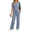 Fantaslook Two Piece Lounge Sets for Women Summer Outfits Henley V Neck Short Sleeve Tops Wide Leg Pants Matching Sets Trendy Clothes
