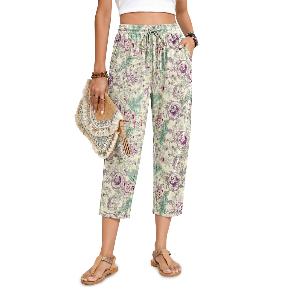 Fantaslook Womens Capri Pants Drawstring Casual Palazzo Trousers with Pockets Loose Floral Lounge Pants Pajama Bottoms