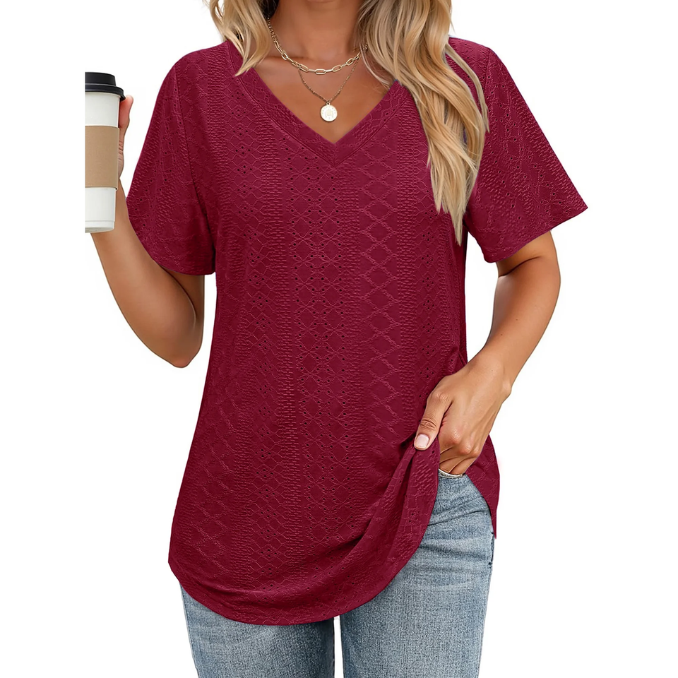 Fantaslook Eyelet Womens Tops Short Sleeve Dressey Casual Blouses V Neck Work Shirts Summer Basic Tees