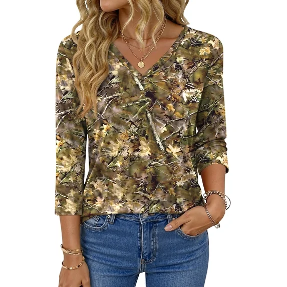 Fantaslook V Neck T Shirts for Women 3/4 Sleeve Tunic Tops Dressy Casual Blouses Boho Basics Tee Summer Fall Clothes
