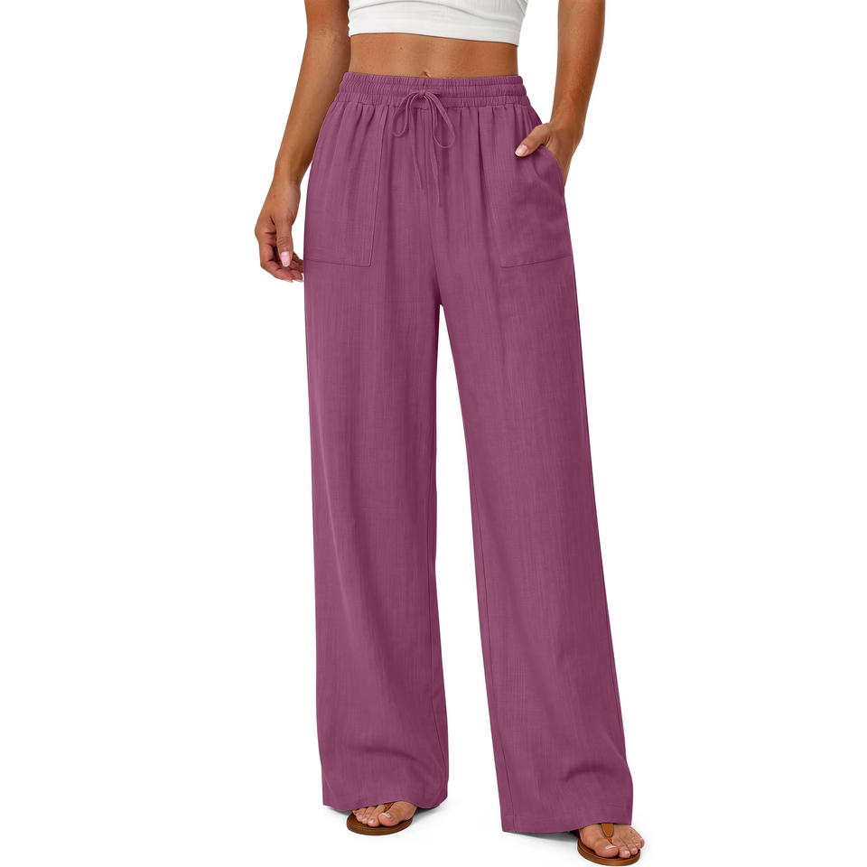 Fantaslook Linen Wide Leg Pants for Women Flowy Palazzo Drawstring Elastic Waist Trousers with Pockets Summer Beach Vacation Clothes