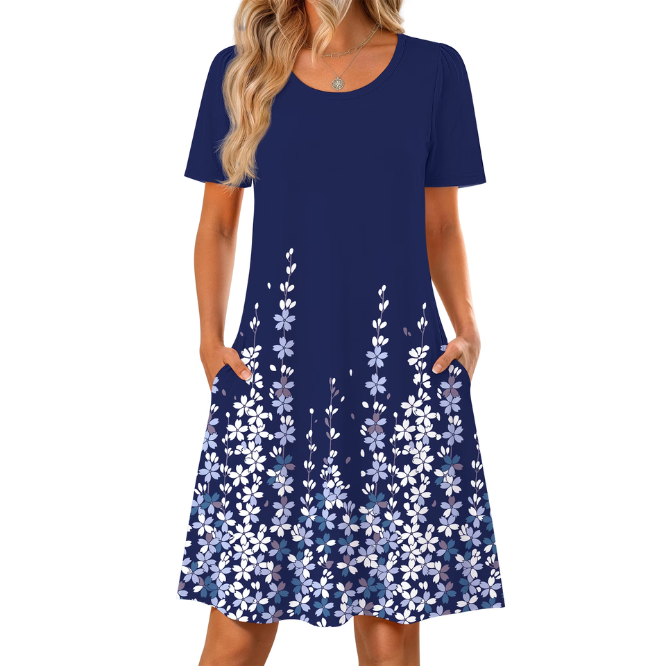 Fantaslook Boho Summer Dresses for Women Casual Short Sleeve T Shirt Dress with Pockets Beach Vacation Clothes