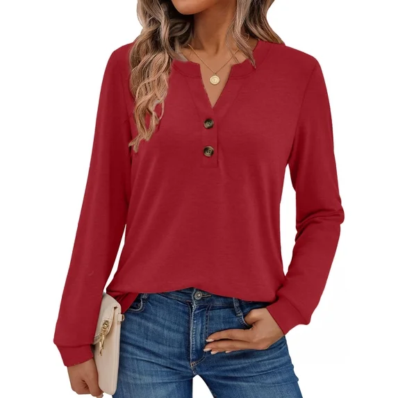 Fantaslook V Neck Henley Blouses for Women Dressy Fall Tops Long Sleeve Shirts Fashion Clothes