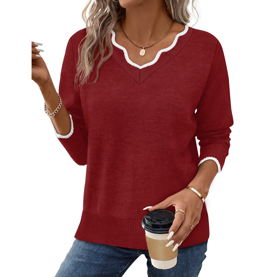Fantaslook Color Block Sweaters for Women V Neck Pullover Lightweight Sweaters Long Sleeve Tops Fall Fashion Clothes