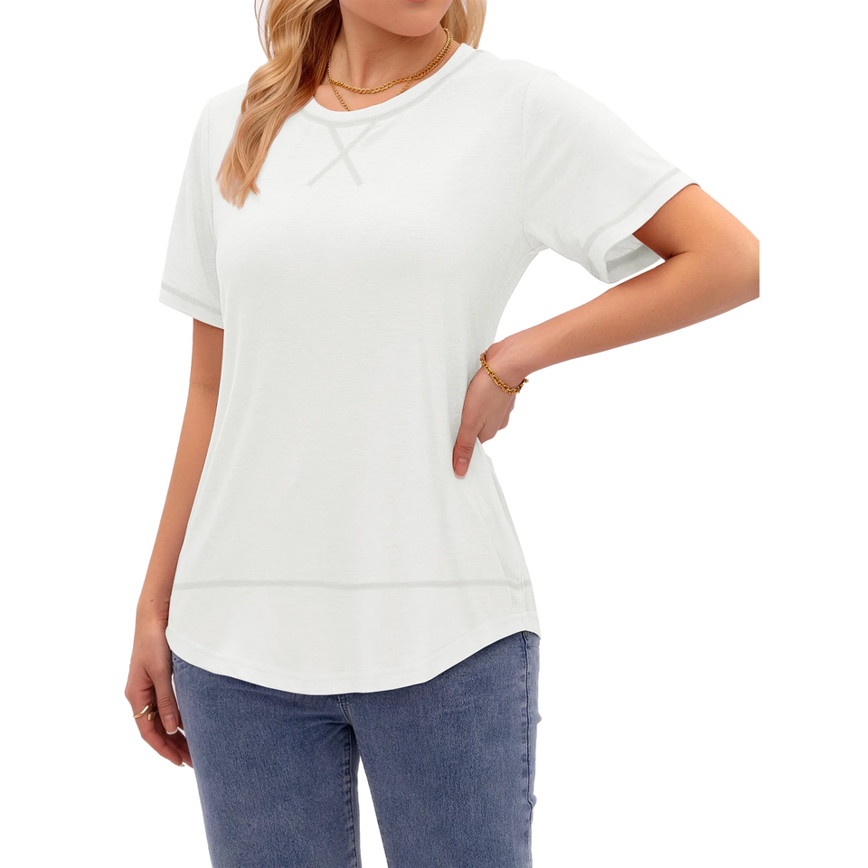 Fantaslook Short Sleeve Shirts for Women Curved Hem Tunic Tops Casual T Shirt Basic Tees