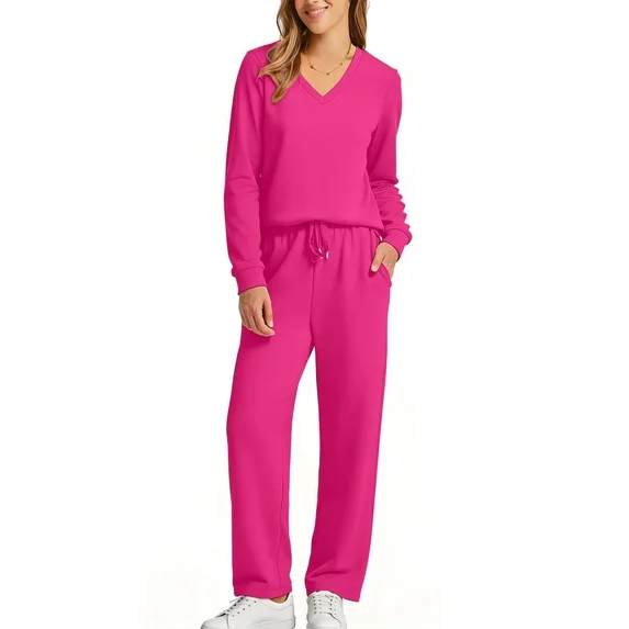 Fantaslook Two Piece Sets for Women Fall Outfits Long Sleeve Tops Wide Leg Pants Lounge Matching Sets Vacation Travel Outfits