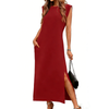Fantaslook Womens Summer Maxi Dress Round Neck Sleeveless Sundress Loose Split Wrinkle-Free Long Dresses with Pockets