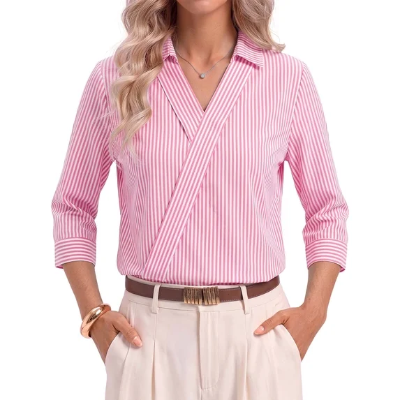 Fantaslook 3/4 Sleeve Womens Striped Tops V Neck Lapel Shirts Dressy Business Work Blouses Trendy Fashion Tops