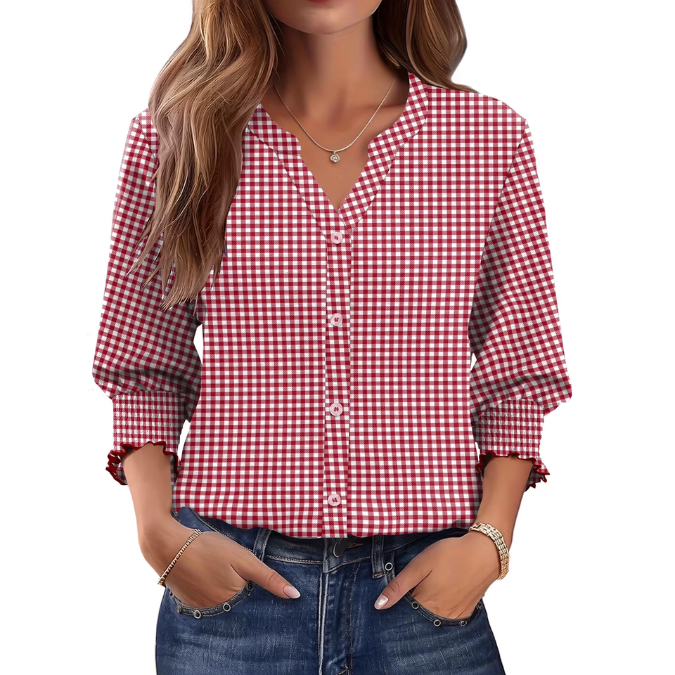 Fantaslook Plaid Button Down Shirts for Women 3/4 Sleeve V neck Work Shirt with Smocked Cuffs Dressy Cotton Blouses Tops