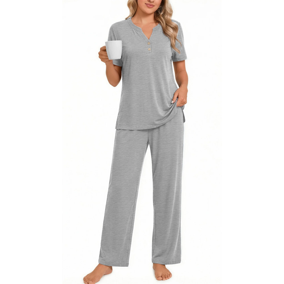 Fantaslook Womens Pajamas Sets V Neck Buttons Short Sleeve Top and Pant with Pockets Lounge Wear Set Outfits