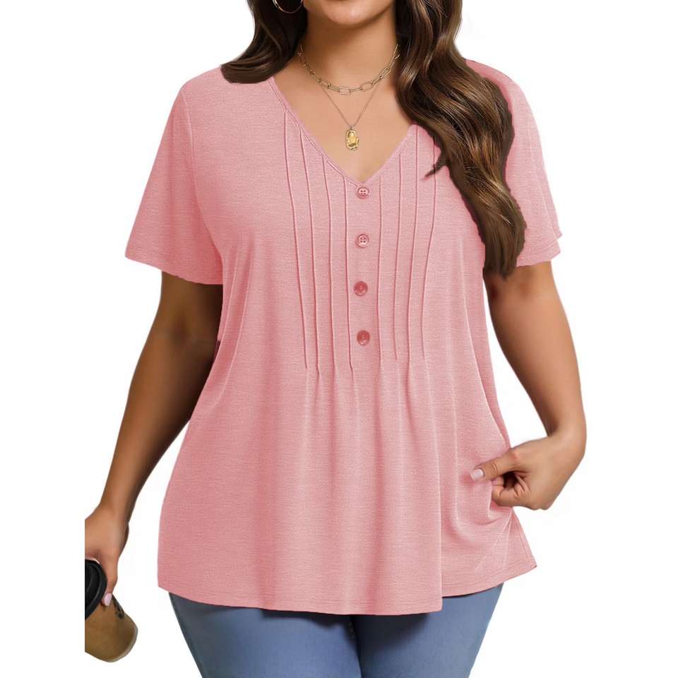 Fantaslook Plus Size Blouses for Women Pleated Button Short Sleeve Shirts Casual V Neck Tunic Tops