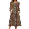 Fantaslook Fall Dresses for Women Smocked 3/4 Sleeve Dress Floral Midi Casual Dresses with Pockets