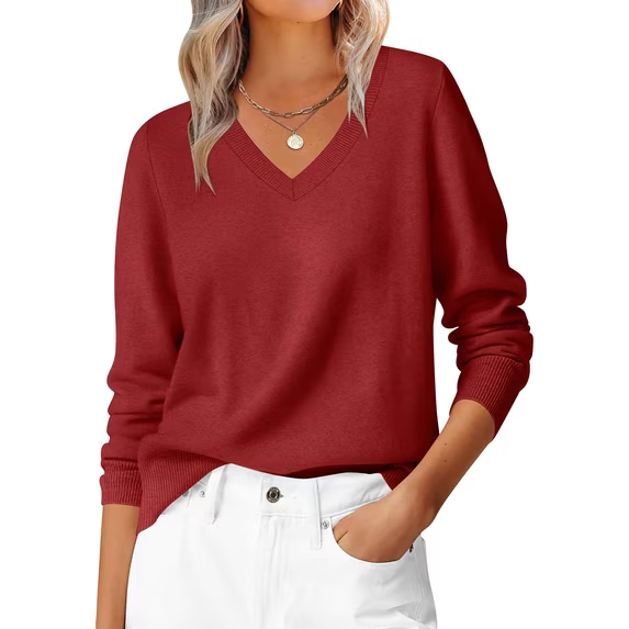 Fantaslook Knit Sweater for Women Long Sleeve V Neck Fall Tops Trendy Casual Pullover Work Shirts