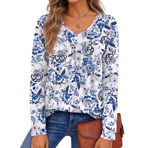 Fantaslook Womens Tops Dressy Casual Pleated Blouses V Neck Long Sleeve Shirts Fall Tunic Tops