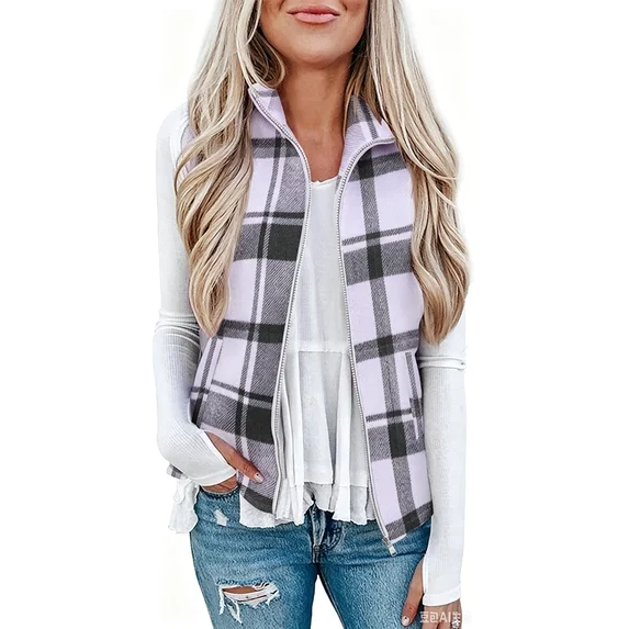 Fantaslook Women Plaid Outwear Vest Lightweight Sleeveless Jackets Zipper Fall Winter Coats with Pockets