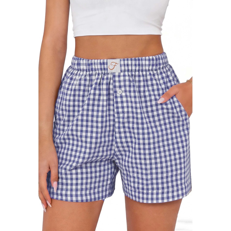 Fantaslook Plaid Shorts for Women Button Gingham Shorts Summer Lounge Boxers Beach Shorts Pants with Pocket